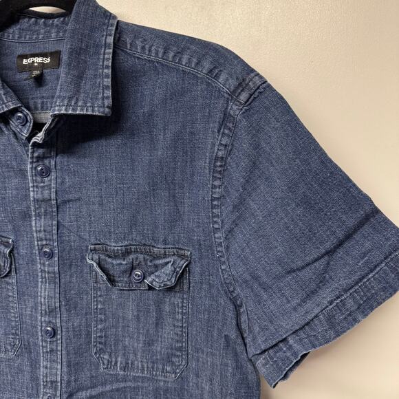 Express Mens Double Pocket Denim Short Sleeve Button Up Shirt Blue Jean Large - Picture 3 of 8